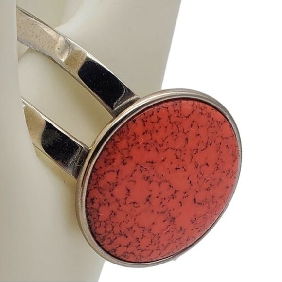 Retro Celebrity Faux Orange Stone Cuff Silver Tone Bangle Modernist Bracelet Vtg - Picture 3 of 8